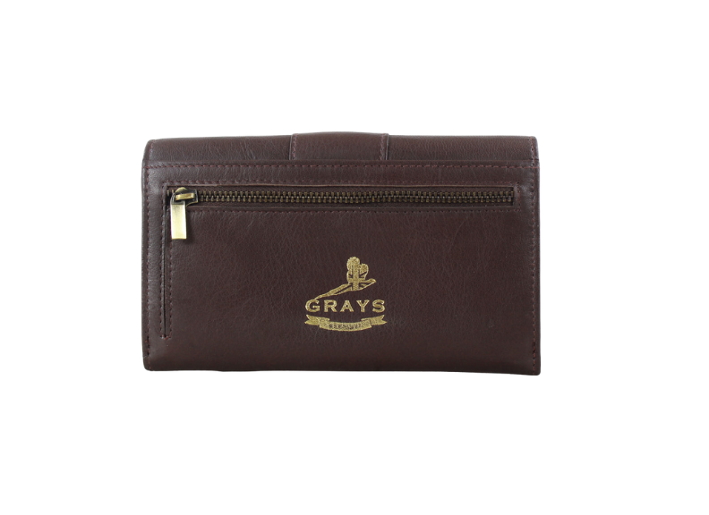 Brown leather wallet with 'Grays' logo on a white background