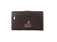 Brown leather wallet with 'Grays' logo on a white background