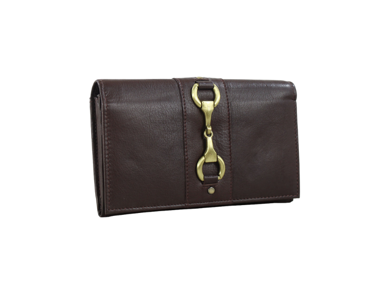 Brown leather wallet with gold clasp on a white background