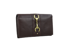 Brown leather wallet with gold clasp on a white background