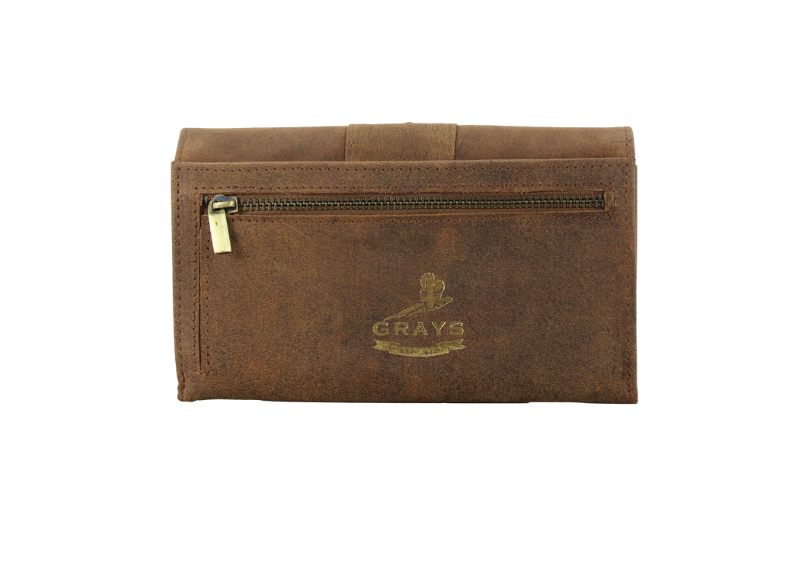 Hunter leather pouch with a gold zipper and 'Grays' logo on a white background