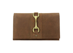 Hunter leather wallet with gold snaffle on a white background