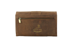 Hunter leather pouch with a gold zipper and 'Grays' logo on a white background