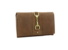 Hunter leather wallet with a gold snaffle clasp on a white background