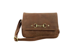 Hunter leather bag with gold hardware on a white background