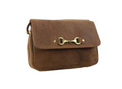 Hunter leather handbag with gold buckle on a white background