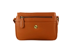 Tan leather crossbody bag with gold zipper pull on a white background