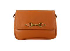 Tan leather handbag with gold snaffle buckle on a white background
