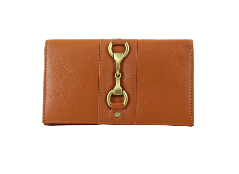 Tan leather wallet with a gold clasp on a white background