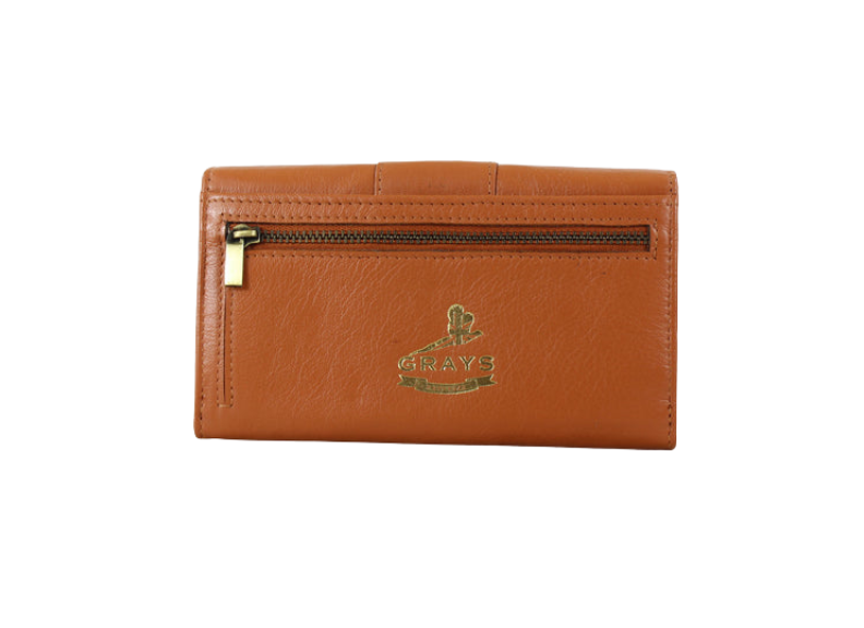 Tan leather wallet with a visible brand logo on a white background