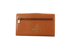 Tan leather wallet with a visible brand logo on a white background
