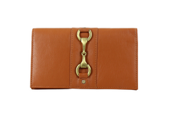 Tan leather wallet with a gold clasp on a white background