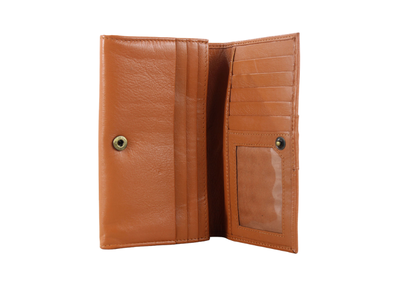 Tan leather wallet with visible stitching on a white background