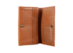 Tan leather wallet with visible stitching on a white background