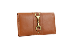 Tan leather wallet with a gold snaffle on a white background