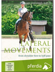 Cover of the DVD 'Dressage explained part 4 - Lateral Movements from shoulder-fore to half pass' with an image of a rider on a horse performing a dressage movement.