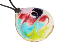 Colorful pendant with a black cord on a white background