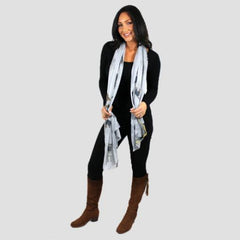 Female model wearing light grey chiffon scarf