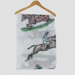grey horse racing chiffon scarf on hanger