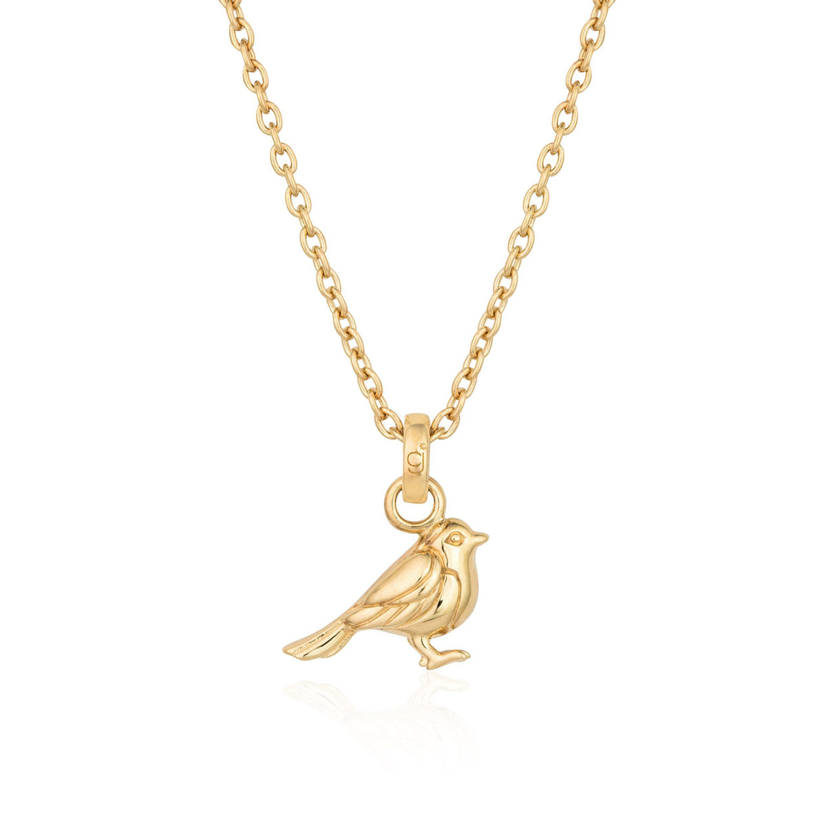 A gold necklace with a charm pendant in the shape of a Robin bird, displayed on a white background.