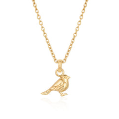A gold necklace with a charm pendant in the shape of a Robin bird, displayed on a white background.