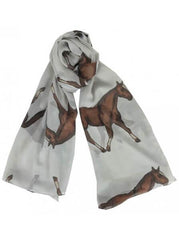 A light grey chiffon scarf with horse artwork displayed on a white background.