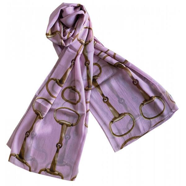 A pink chiffon scarf with a snaffle bit design, displayed on a white background.