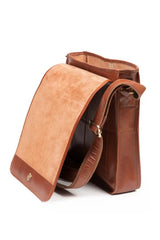 Messenger bag in soft irish leather open flap with straps