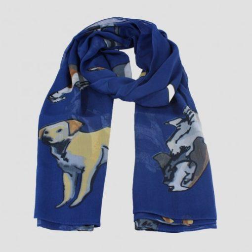 A navy chiffon scarf with a dogs artwork design, displayed flat.