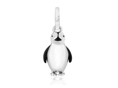 A sterling silver charm in the shape of a penguin with black and white enamel detailing.