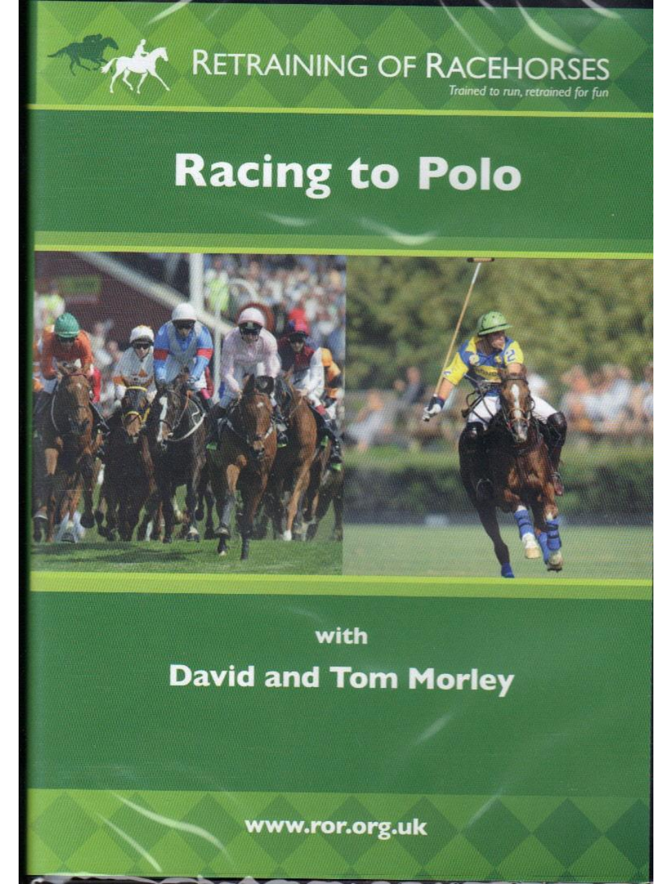 Cover of the DVD 'Retraining of Racehorses – Racing to Polo' featuring images of racehorses and polo ponies in action, with the trainers David and Tom Morley mentioned.