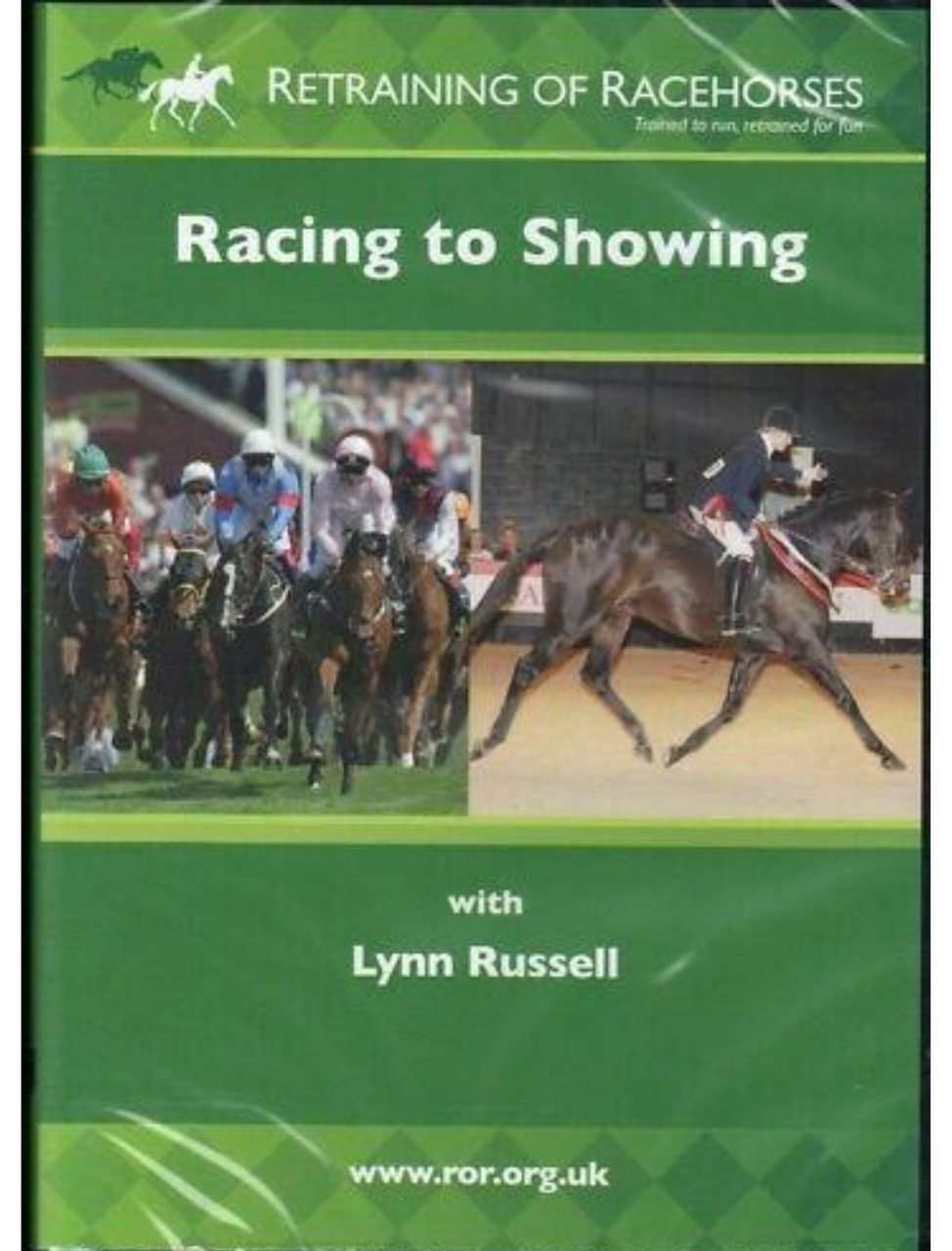 Cover of the DVD titled 'RETRAINING OF RACEHORSES – RACING TO SHOWING' featuring images of racehorses in motion and a person showing a horse in a ring, with Lynn Russell as the instructor.