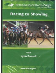Cover of the DVD titled 'RETRAINING OF RACEHORSES – RACING TO SHOWING' featuring images of racehorses in motion and a person showing a horse in a ring, with Lynn Russell as the instructor.