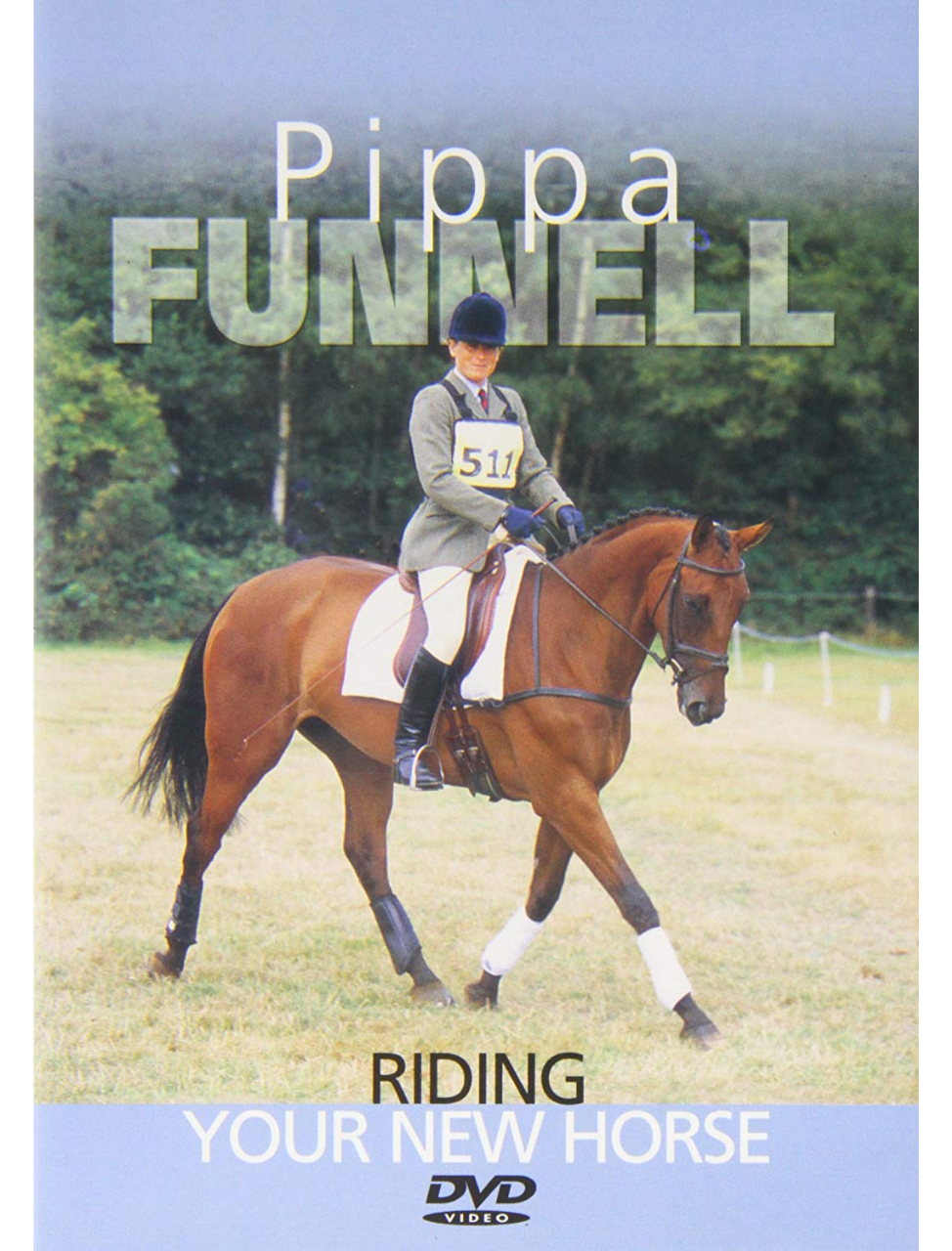 Cover of the DVD 'Riding Your New Horse' by Pippa Funnell, featuring an image of a rider on a horse in motion.