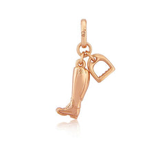 A 14 ct rose gold charm featuring a riding boot and stirrup, suspended from a loop, against a white background.