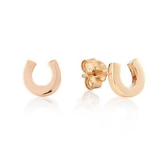 A pair of rose gold horseshoe stud earrings with a shiny finish, displayed on a white background.