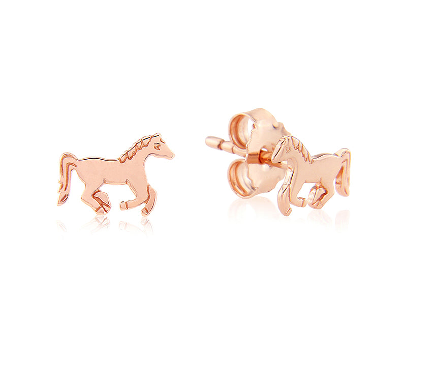 Rose gold horse-shaped earrings on a white background