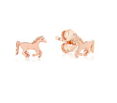Rose gold horse-shaped earrings on a white background