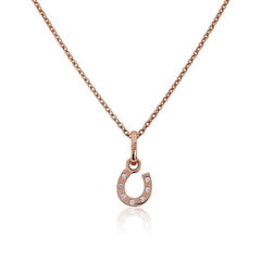 A rose gold vermeil horseshoe pendant necklace with cubic zirconia stones, displayed on a white background.