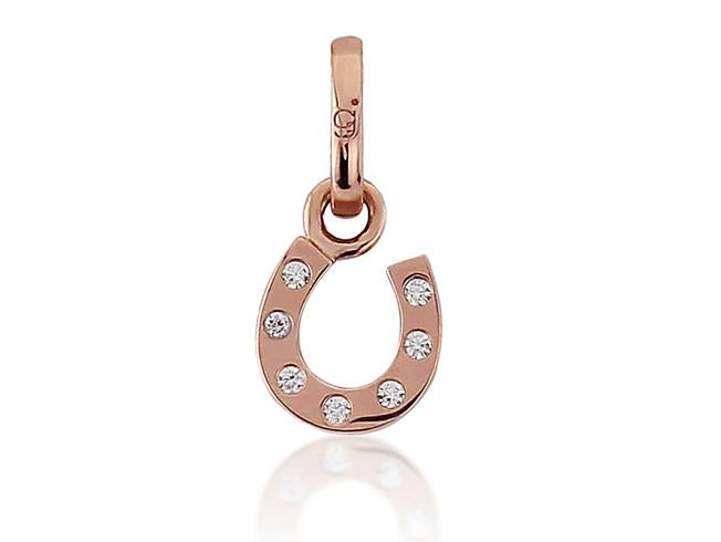 Rose gold colored horseshoe charm with cubic zirconia stones, suitable for adding to charm bracelets or necklaces.