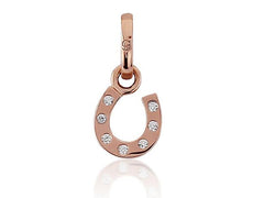 Rose gold colored horseshoe charm with cubic zirconia stones, suitable for adding to charm bracelets or necklaces.
