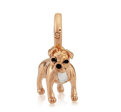 A rose gold coated solid silver Staffordshire Bull Terrier charm with black eyes and a white marking on the chest.