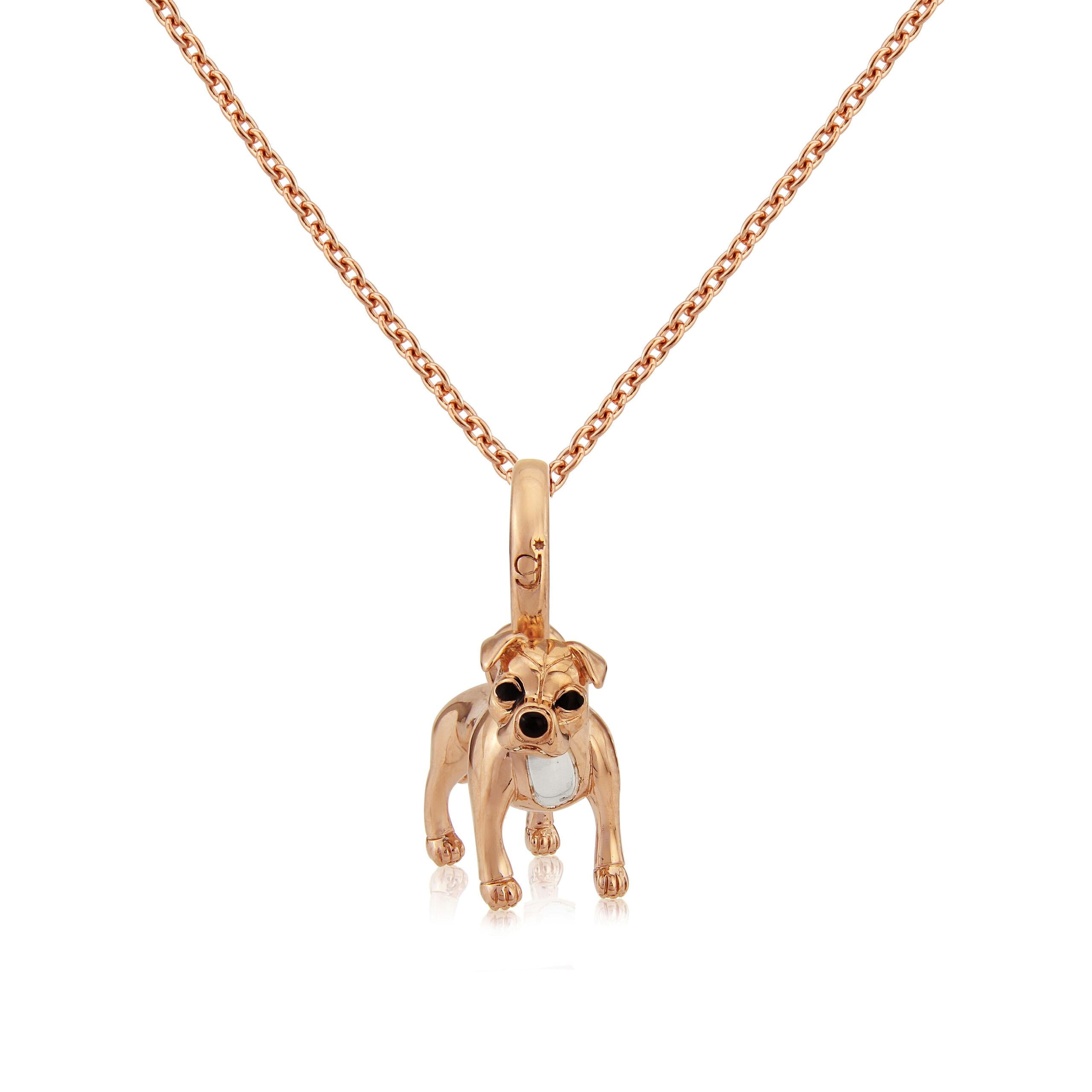 A rose gold coated silver pendant in the shape of a Staffordshire Bull Terrier, suspended from a matching rose gold chain.