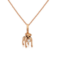 A rose gold coated silver pendant in the shape of a Staffordshire Bull Terrier, suspended from a matching rose gold chain.
