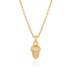A rose gold necklace with a sterling silver acorn charm on an adjustable yellow gold chain.