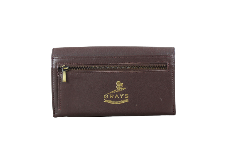 Brown leather wallet with 'Grays' logo on a white background