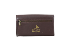 Brown leather wallet with 'Grays' logo on a white background