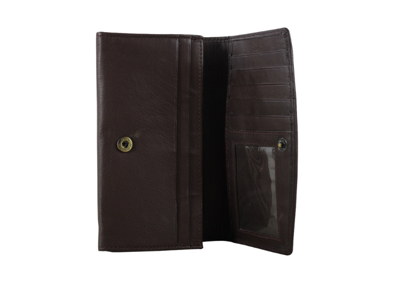 Brown leather wallet with a clear window on a white background