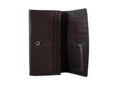Brown leather wallet with a clear window on a white background