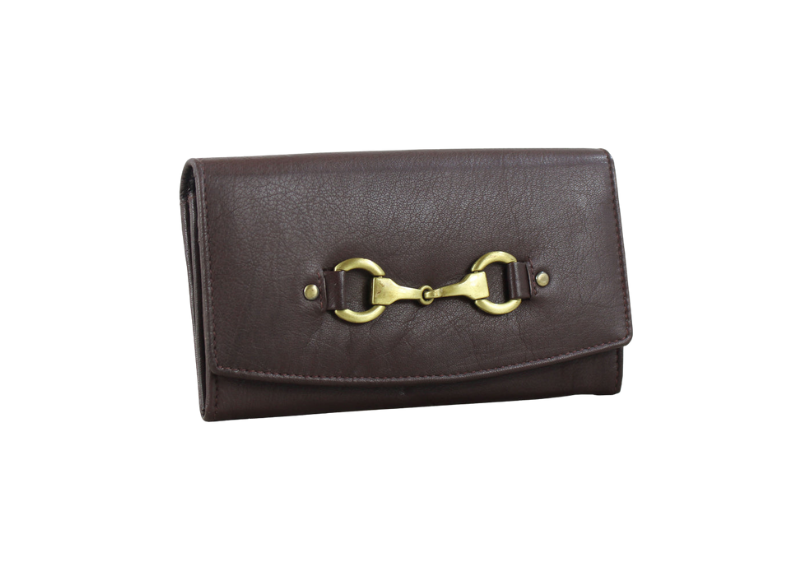 Brown leather wallet with gold buckle on a white background
